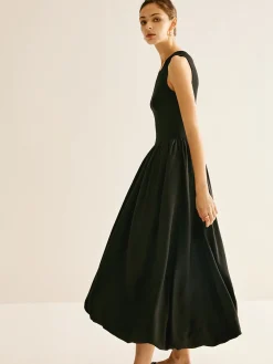 Online Panel Pleated Jersey Tank Dress Black Dresses|Casual Dresses