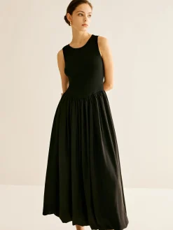 Online Panel Pleated Jersey Tank Dress Black Dresses|Casual Dresses