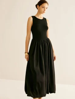 Online Panel Pleated Jersey Tank Dress Black Dresses|Casual Dresses