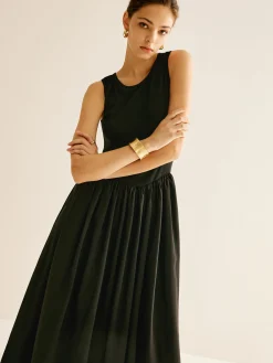 Online Panel Pleated Jersey Tank Dress Black Dresses|Casual Dresses