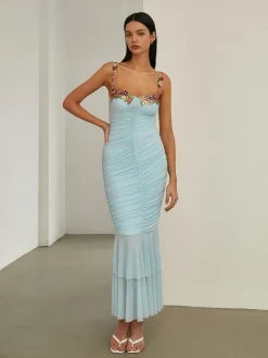Paradise Flower Trim Pleated Mermaid Long Dress Vacation Dresses|Summer Dresses