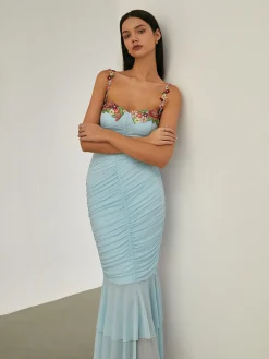 Paradise Flower Trim Pleated Mermaid Long Dress Vacation Dresses|Summer Dresses