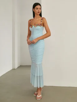 Paradise Flower Trim Pleated Mermaid Long Dress Vacation Dresses|Summer Dresses