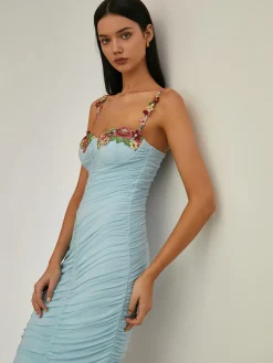 Paradise Flower Trim Pleated Mermaid Long Dress Vacation Dresses|Summer Dresses