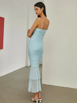 Paradise Flower Trim Pleated Mermaid Long Dress Vacation Dresses|Summer Dresses