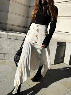 Sale Patchwork Asymmetrical Pleated Buttoned Midi Skirt Skirts|Bottoms