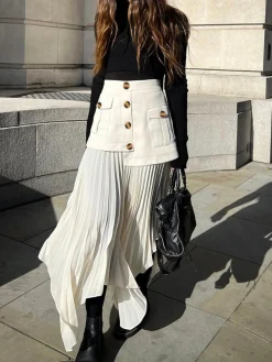 Sale Patchwork Asymmetrical Pleated Buttoned Midi Skirt Skirts|Bottoms