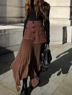 Sale Patchwork Asymmetrical Pleated Buttoned Midi Skirt Skirts|Bottoms