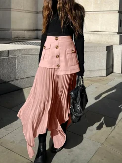 Sale Patchwork Asymmetrical Pleated Buttoned Midi Skirt Skirts|Bottoms