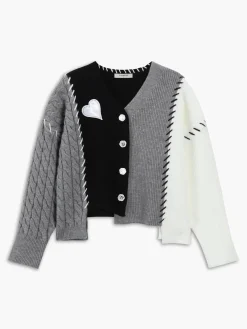 Online Patchwork Cable Knit Contrast Stitch Cardigan Cardigans|Sweaters & Cardigans