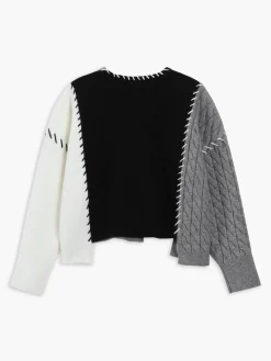 Online Patchwork Cable Knit Contrast Stitch Cardigan Cardigans|Sweaters & Cardigans