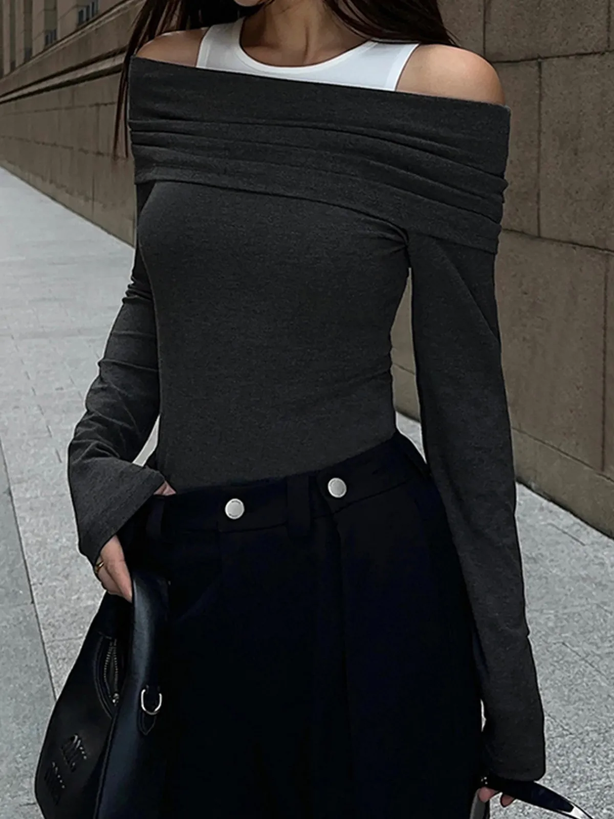 Patchwork Contrast Color Crew Neck Overfold Cold Shoulder Ribbed Knit Shirt T-shirts|Knitwear