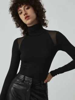 Online Patchwork Mesh Turtleneck Long Sleeve Bodysuit Bodysuits|Bodysuits