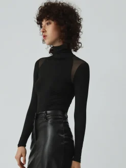 Online Patchwork Mesh Turtleneck Long Sleeve Bodysuit Bodysuits|Bodysuits