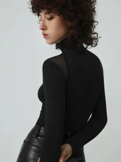 Online Patchwork Mesh Turtleneck Long Sleeve Bodysuit Bodysuits|Bodysuits