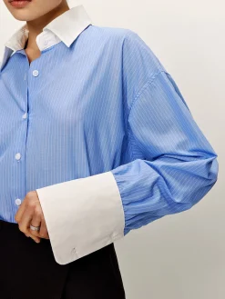 Best Patchwork Pinstripe Lapel Shirt Blouses & Shirts|Matching Sets