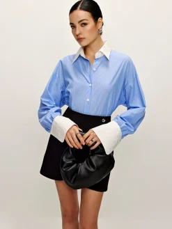 Best Patchwork Pinstripe Lapel Shirt Blouses & Shirts|Matching Sets