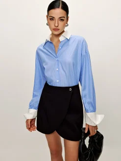 Best Patchwork Pinstripe Lapel Shirt Blouses & Shirts|Matching Sets