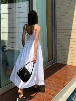 Sale Patchwork Pockets Cotton Cami Midi Dress White Dresses|Black Dresses