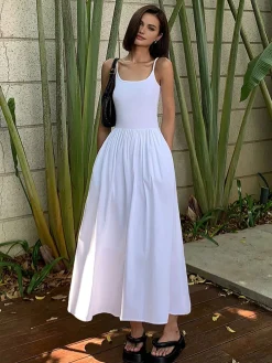Sale Patchwork Pockets Cotton Cami Midi Dress White Dresses|Black Dresses