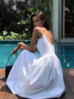 Sale Patchwork Pockets Cotton Cami Midi Dress White Dresses|Black Dresses