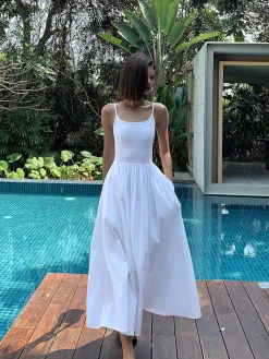 Sale Patchwork Pockets Cotton Cami Midi Dress White Dresses|Black Dresses