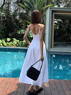 Sale Patchwork Pockets Cotton Cami Midi Dress White Dresses|Black Dresses