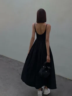 Sale Patchwork Pockets Cotton Cami Midi Dress White Dresses|Black Dresses