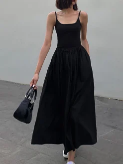 Sale Patchwork Pockets Cotton Cami Midi Dress White Dresses|Black Dresses