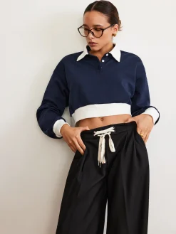 New Patchwork Polo Crop Sweatshirt Sweatshirts & Hoodies|Crop Tops