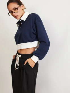 New Patchwork Polo Crop Sweatshirt Sweatshirts & Hoodies|Crop Tops