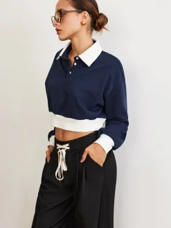 New Patchwork Polo Crop Sweatshirt Sweatshirts & Hoodies|Crop Tops