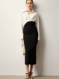 Sale Patchwork Split Polo Dress White Dresses|Casual Dresses