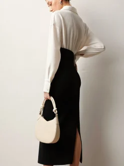 Sale Patchwork Split Polo Dress White Dresses|Casual Dresses