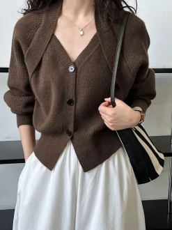 Outlet Patchwork V-neck Button Sweater Sweater Tops|Sweaters & Cardigans