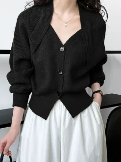 Outlet Patchwork V-neck Button Sweater Sweater Tops|Sweaters & Cardigans
