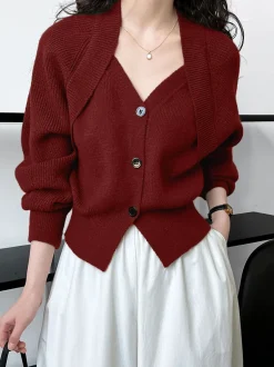 Outlet Patchwork V-neck Button Sweater Sweater Tops|Sweaters & Cardigans