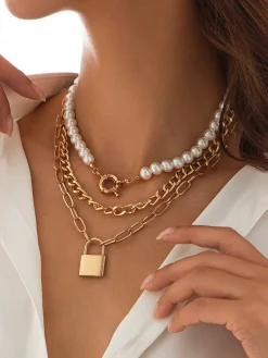 Discount 3pcs Lock Pearl Necklace Necklaces|Accessories