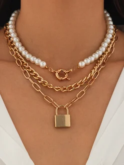 Discount 3pcs Lock Pearl Necklace Necklaces|Accessories