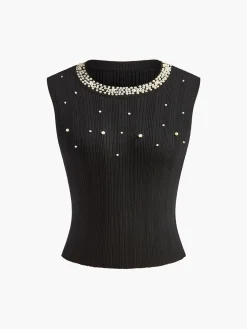 Pearl Beaded Stretch Sweater Vest Sweater Vests|Sweaters & Cardigans