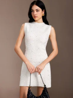 Clearance Pearl Beaded Sweater Tank Dress White Dresses|Sweater Dresses