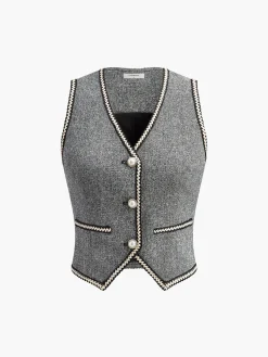Clearance Pearl Button Split Crop Vest Outerwear|Crop Tops