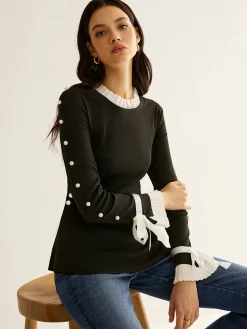 Clearance Pearl Decor Panel Pleated Blouse Blouses & Shirts|Tops