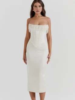 Pearl Decor Strapless Midi Dress White Dresses|Cocktail & Party Dresses