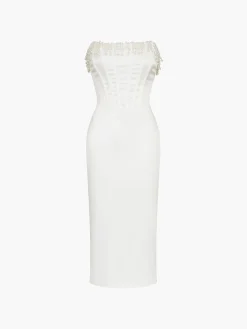 Pearl Decor Strapless Midi Dress White Dresses|Cocktail & Party Dresses