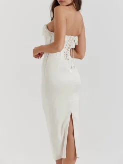 Pearl Decor Strapless Midi Dress White Dresses|Cocktail & Party Dresses