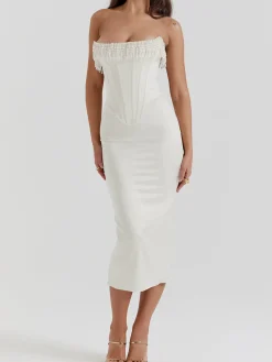 Pearl Decor Strapless Midi Dress White Dresses|Cocktail & Party Dresses