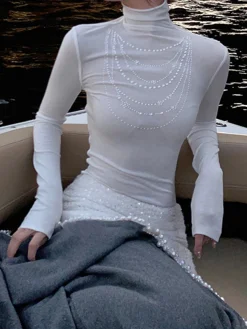 Pearl Detail Jersey Top T-shirts|Tops