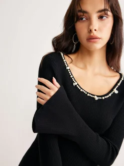 Hot Pearl Trim Bell Sleeve Skinny Sweater Sweater Tops|Sweaters & Cardigans