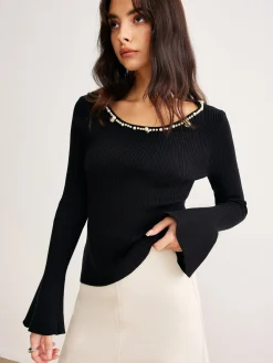 Hot Pearl Trim Bell Sleeve Skinny Sweater Sweater Tops|Sweaters & Cardigans
